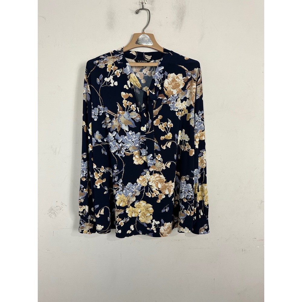 Lauren Ralph Lauren Navy Floral Tie Neck Blouse Long Sleeve Plus Size 3X